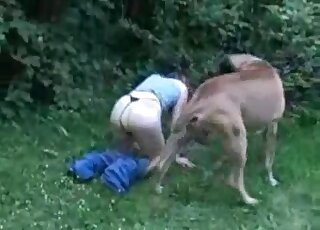 G-string babe seducing a twisted pooch outside