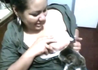 Cat nipple worship in front of a giggling MILF
